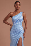 Ruched Mermaid One Shoulder Blue Beaded Long Prom Dress with Slit