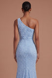 Ruched Mermaid One Shoulder Blue Beaded Long Prom Dress with Slit