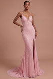 Spaghetti Straps Pink Mermaid Beaded Long Prom Dress with Slit