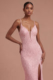 Spaghetti Straps Pink Mermaid Beaded Long Prom Dress with Slit