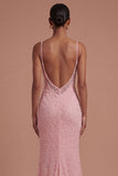 Spaghetti Straps Pink Mermaid Beaded Long Prom Dress with Slit