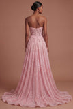 A Line Sparkly Pink Corset Floral Appliqued Long Prom Dress