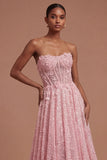 A Line Sparkly Pink Corset Floral Appliqued Long Prom Dress