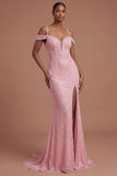 Pink Cold Shoulder Beaded Mermaid Long Prom Dress with Slit