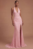 Pink Halter Neck Beaded Mermaid Long Prom Dress with Slit