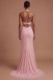 Pink Halter Neck Beaded Mermaid Long Prom Dress with Slit