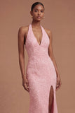 Pink Halter Neck Beaded Mermaid Long Prom Dress with Slit