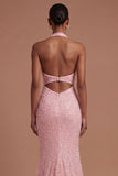 Pink Halter Neck Beaded Mermaid Long Prom Dress with Slit