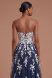 Navy Sweetheart A Line Appliqued Floral Long Prom Dress