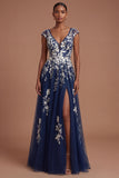 Floral Navy Appliqued V Neck Long Prom Dress with Slit