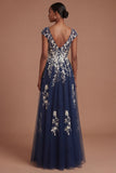 Floral Navy Appliqued V Neck Long Prom Dress with Slit