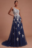 Floral Navy One Shoulder Appliqued A Line Long Prom Dress