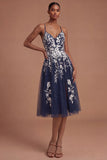 Spaghetti Straps A Line Floral Appliqued Navy Midi Prom Dress