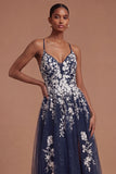 Spaghetti Straps A Line Floral Appliqued Navy Midi Prom Dress