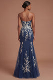 Sweetheart Mermaid Floral Appliqued Navy Long Prom Dress