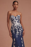 Sweetheart Mermaid Floral Appliqued Navy Long Prom Dress
