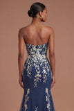 Sweetheart Mermaid Floral Appliqued Navy Long Prom Dress