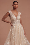 V Neck Floral Champagne Ruffled A Line Long Prom Dress
