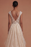 V Neck Floral Champagne Ruffled A Line Long Prom Dress