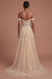 Champagne Corset Off the Shoulder Floral Appliqued High Low Prom Dress