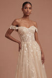 Champagne Corset Off the Shoulder Floral Appliqued High Low Prom Dress