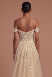 Champagne Corset Off the Shoulder Floral Appliqued High Low Prom Dress