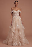 Champagne Corset Off the Shoulder Floral Long Prom Dress