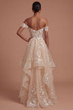Champagne Corset Off the Shoulder Floral Long Prom Dress