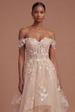 Champagne Corset Off the Shoulder Floral Long Prom Dress