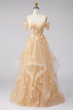 Champagne Corset Off the Shoulder Floral Long Prom Dress