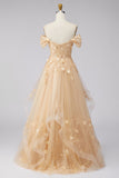 Champagne Corset Off the Shoulder Floral Long Prom Dress