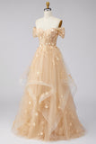 Champagne Corset Off the Shoulder Floral Long Prom Dress