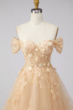 Champagne Corset Off the Shoulder Floral Long Prom Dress
