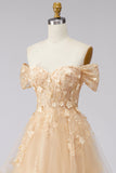 Champagne Corset Off the Shoulder Floral Long Prom Dress