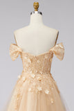 Champagne Corset Off the Shoulder Floral Long Prom Dress