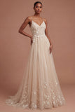 Champagne Spaghetti Straps Floral Appliqued Long Prom Dress