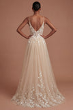 Champagne Spaghetti Straps Floral Appliqued Long Prom Dress