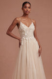 Champagne Spaghetti Straps Floral Appliqued Long Prom Dress