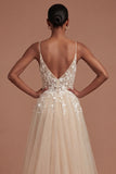 Champagne Spaghetti Straps Floral Appliqued Long Prom Dress