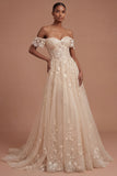 Appliqued Champagne Corset Off the Shoulder Floral Long Prom Dress