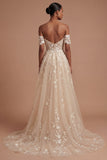 Appliqued Champagne Corset Off the Shoulder Floral Long Prom Dress