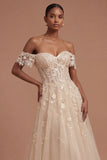 Appliqued Champagne Corset Off the Shoulder Floral Long Prom Dress
