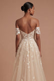 Appliqued Champagne Corset Off the Shoulder Floral Long Prom Dress