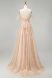 Appliqued Champagne Corset Off the Shoulder Floral Long Prom Dress