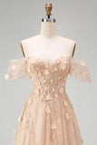 Appliqued Champagne Corset Off the Shoulder Floral Long Prom Dress