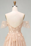 Appliqued Champagne Corset Off the Shoulder Floral Long Prom Dress