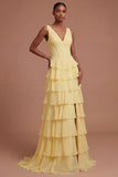A Line Tiered V Neck Corset Butter Yellow Long Prom Dress with Slit