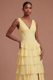 A Line Tiered V Neck Corset Butter Yellow Long Prom Dress with Slit