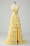 A Line Tiered V Neck Corset Butter Yellow Long Prom Dress with Slit