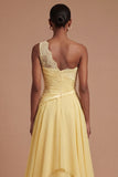 A Line Butter Yellow Ruched One Shoulder Long Prom Dress